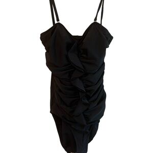 Valerie Bertinelli woman’s black ruched, ruffled one piece swimsuit, size 10​